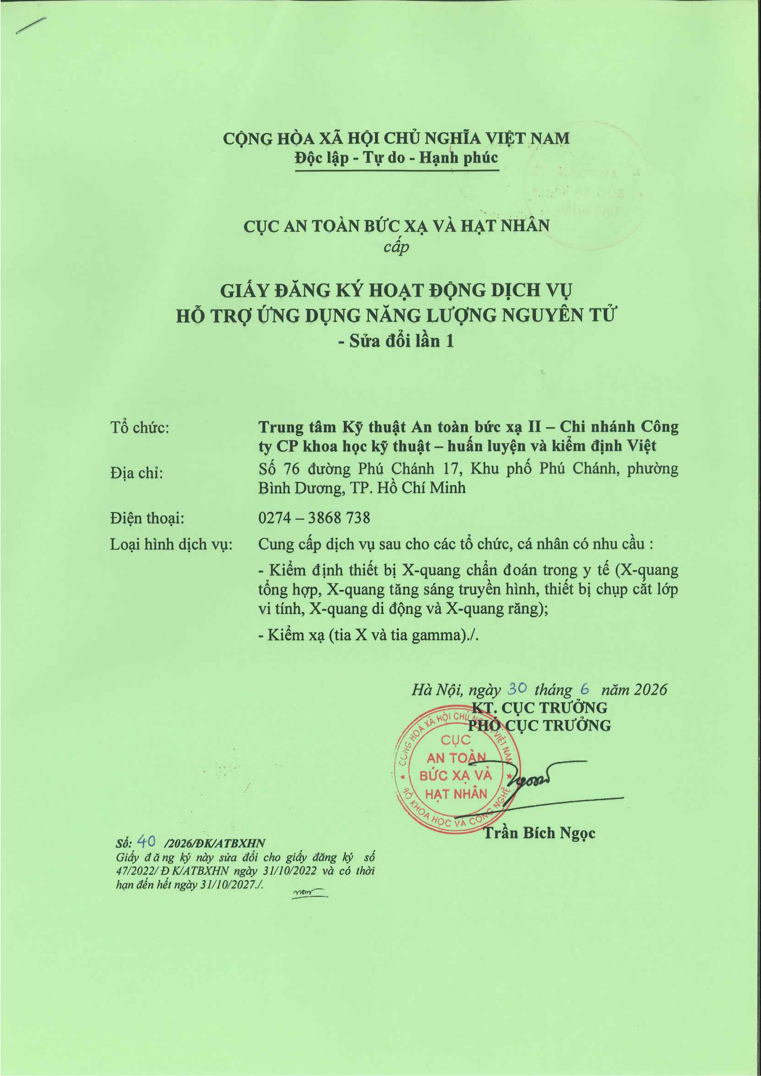 Giấy chứng nhận hoạt động kiểm định thiết bị bức xạ